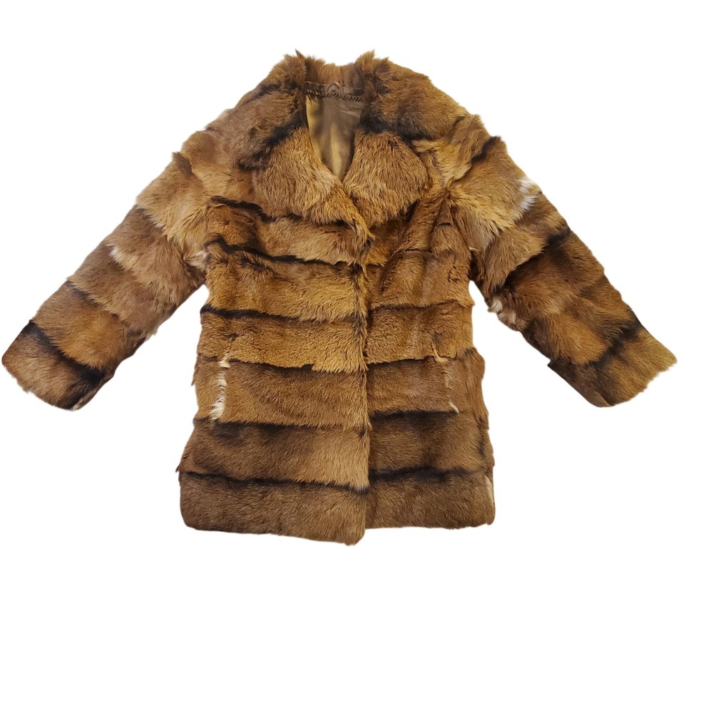 Vtg Real Fur Coat Brown Tan Patchwork Striped Tiered Mid-Length Jacket Small 70s
